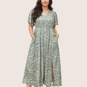 Bloomchic Plus Size Flutter Sleeve Ditsy Floral Pocket Split Maxi Dress